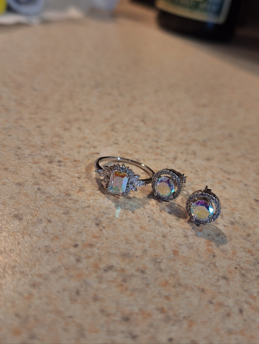 3 Piece Set Sterling Silver Aurora Cryst Ring and Stud Earrings Set - Iridescent - Picture 5 of 7